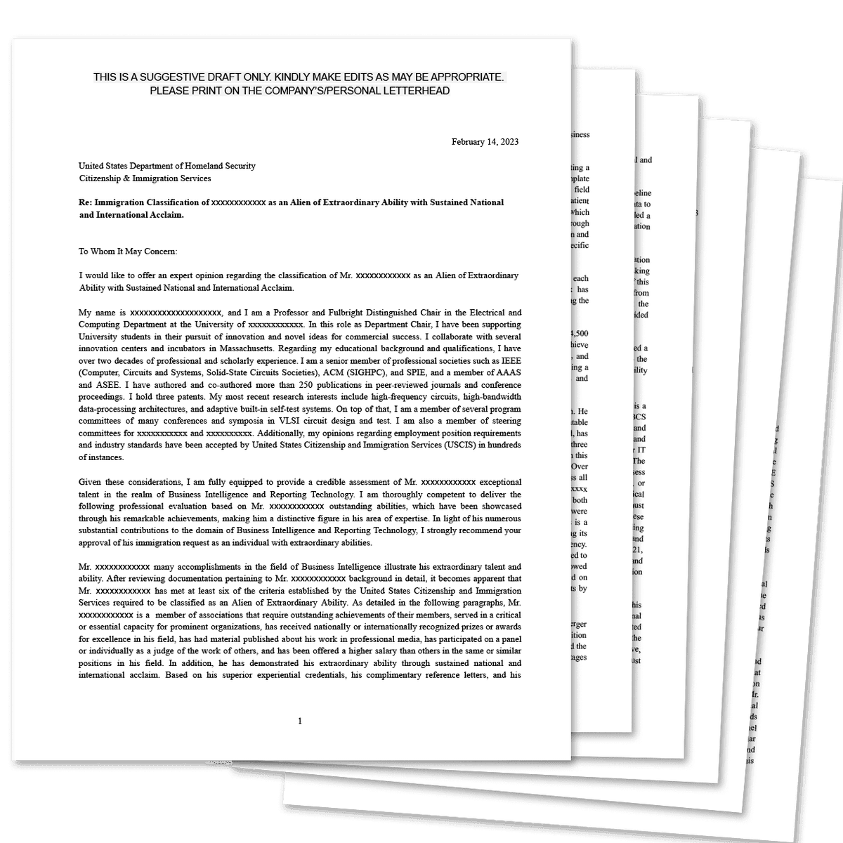 A stack of expert opinion letters addressed to USCIS, with names and institutions removed