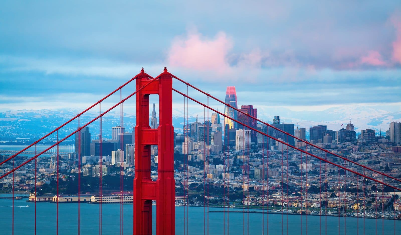 The Golden Gate Bridge with the San Francisco skyline behind it