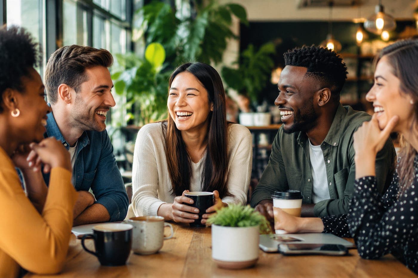 Five people talking and laughing around a cafe table