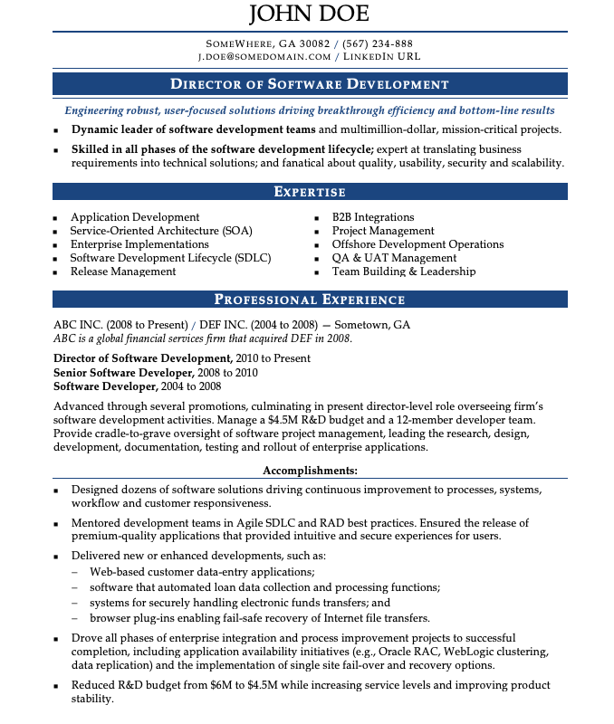 resume for an experienced software developer