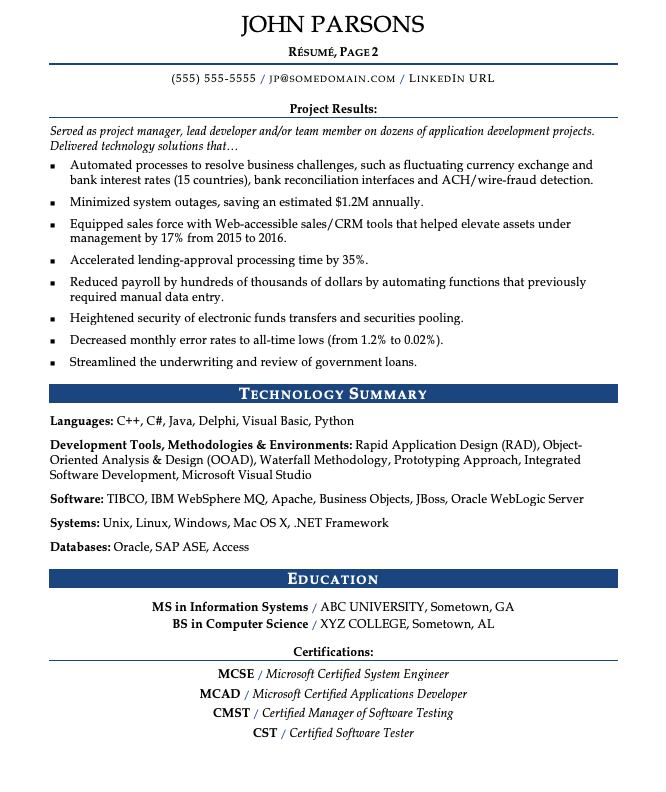 resume for an experienced software developer