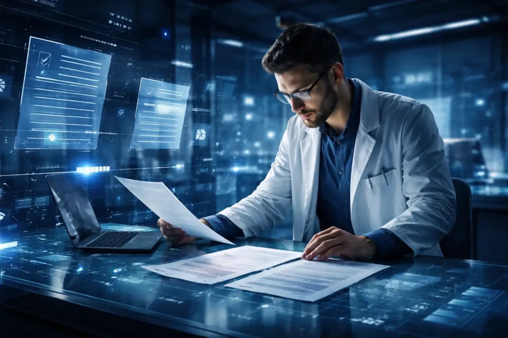 Scientist reviewing technical documentation in a modern research environment, representing O-1 and EB-1A visa evidence preparation